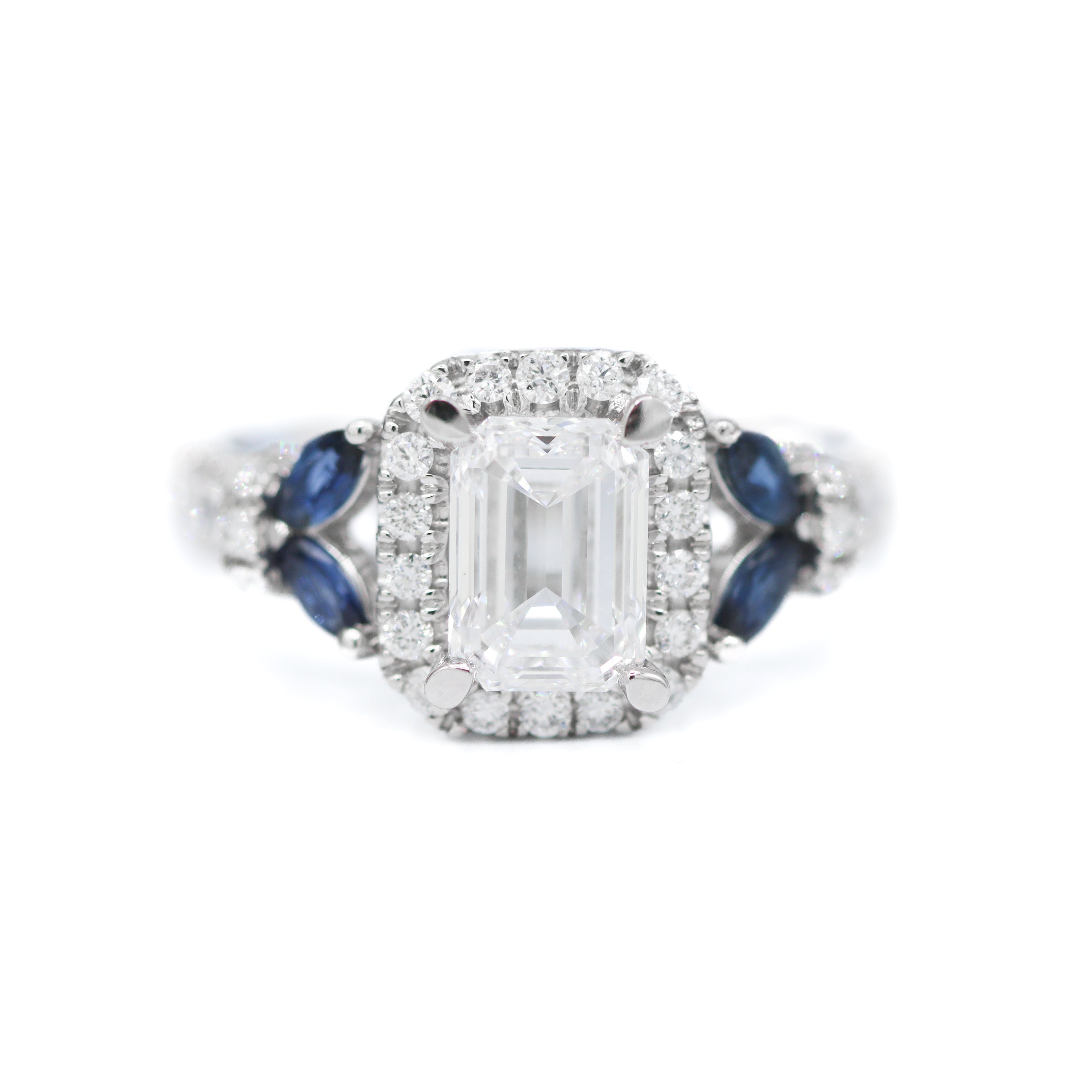 Front View of 14K White Gold Vera Wang 2.00CTW. Certified Emerald-Cut Lab-Grown Diamond Accented Engagement Ring