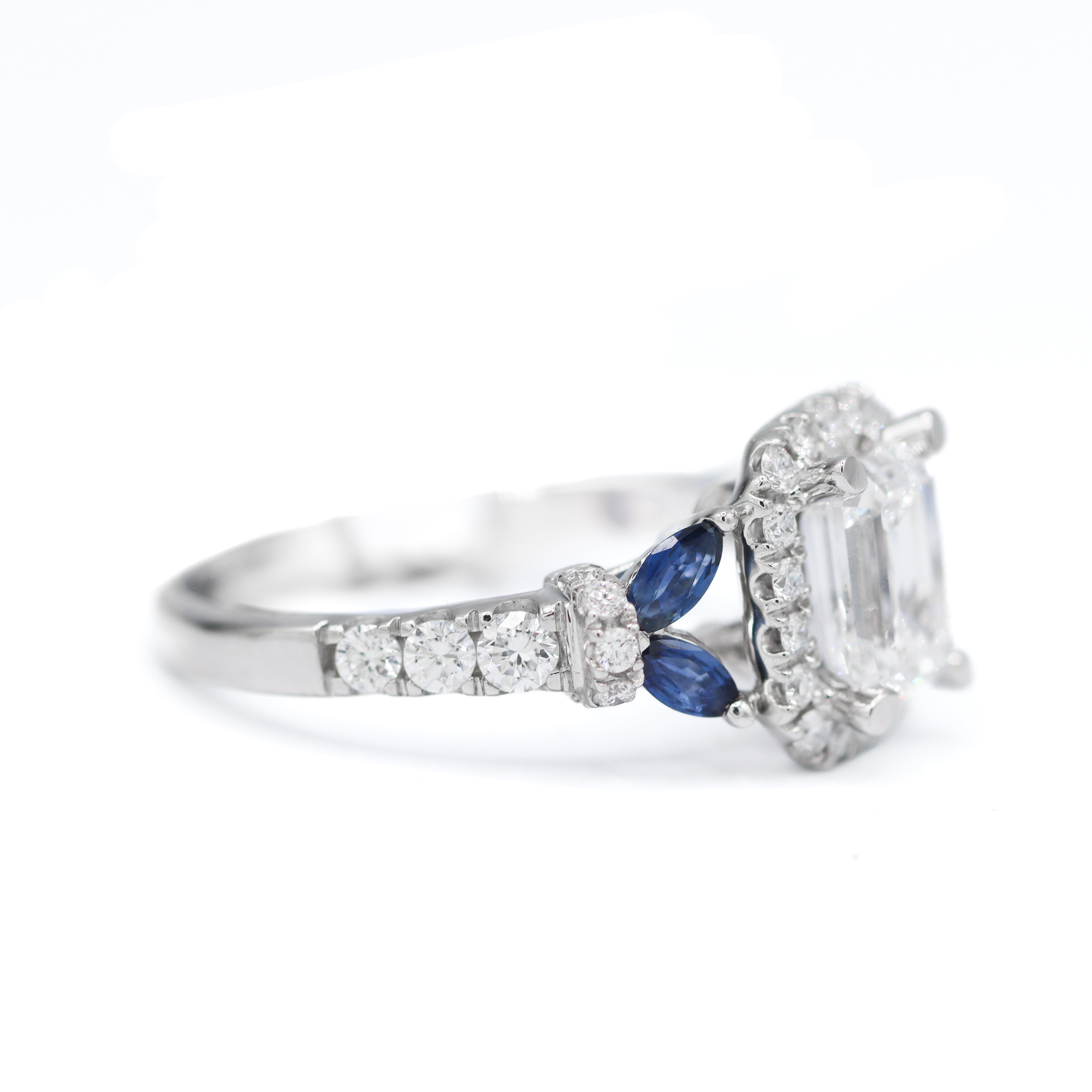 Left Side View of 14K White Gold Vera Wang 2.00CTW. Certified Emerald-Cut Lab-Grown Diamond Accented Engagement Ring