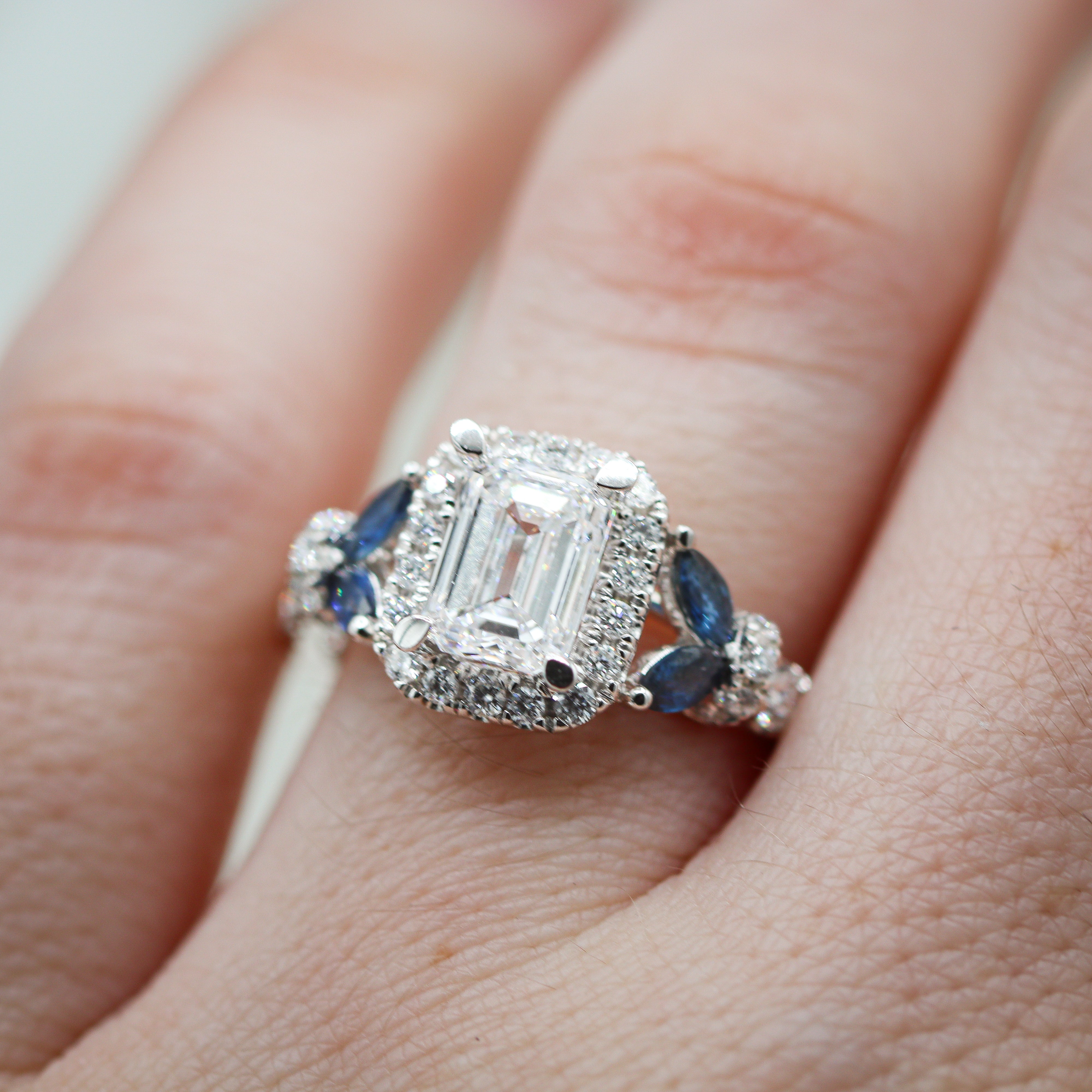 14K White Gold Vera Wang 2.00CTW. Certified Emerald-Cut Lab-Grown Diamond Accented Engagement Ring on a hand