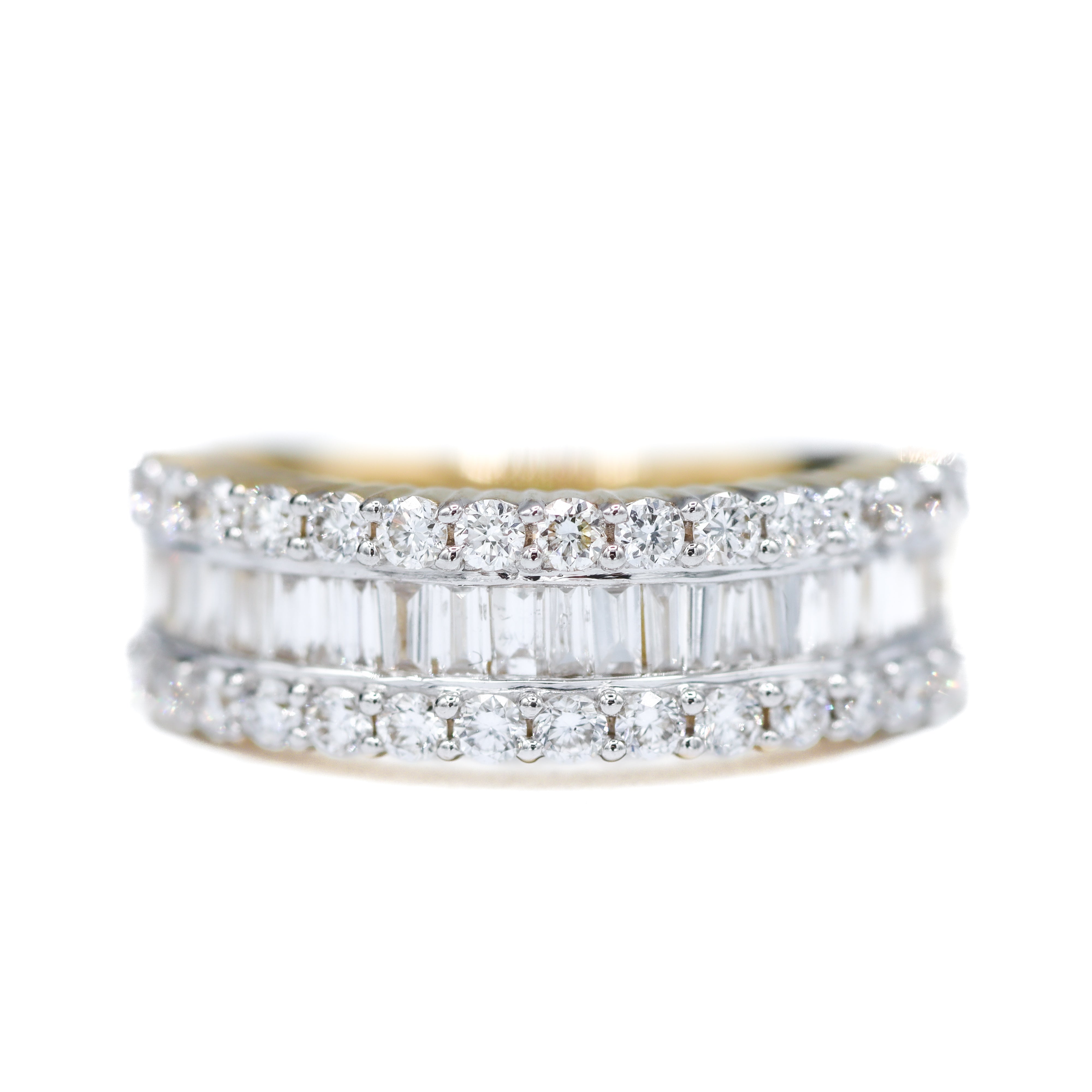 Front View of 10K Yellow Gold 1CTW. Lab-Grown Diamond Baguette & Round 3-Row Anniversary Band