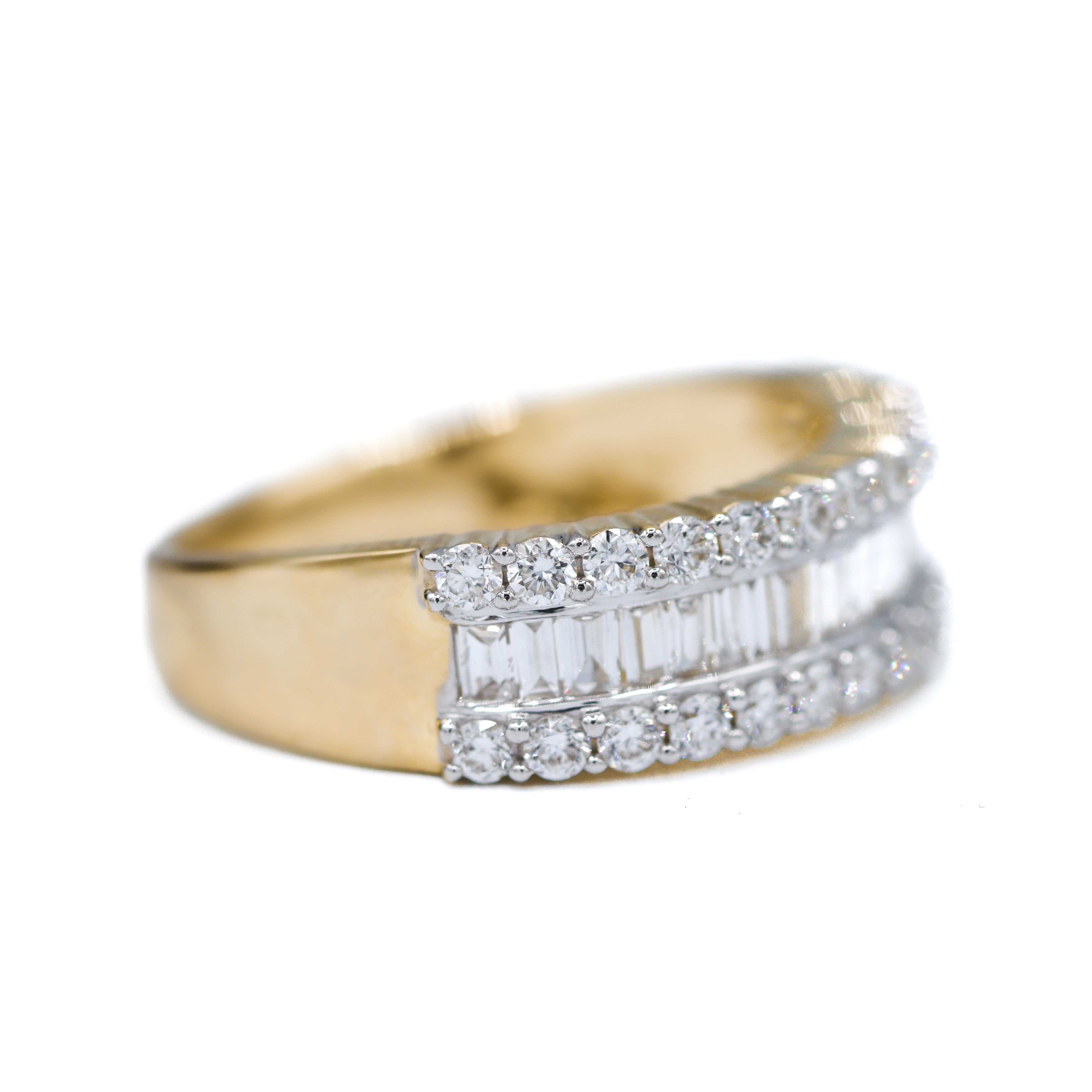 Side View of 10K Yellow Gold 1CTW. Lab-Grown Diamond Baguette & Round 3-Row Anniversary Band