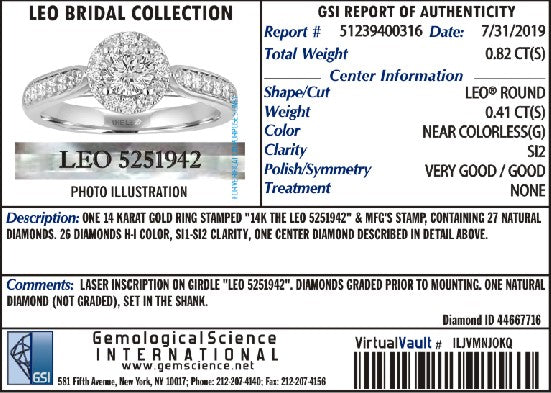 14K White Gold 0.82CTW. Round Halo Certified Leo Diamond Engagement Ring