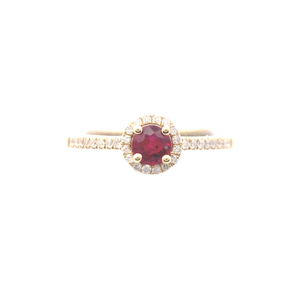 14K Yellow Gold Ruby and 1/6CT. Diamond Round Halo Ring