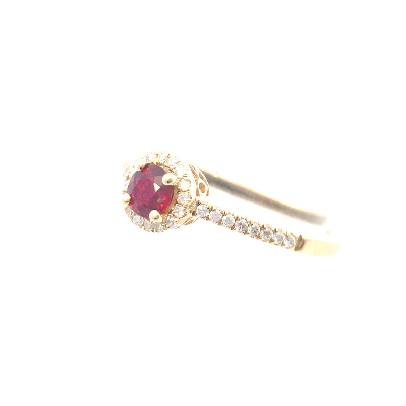 14K Yellow Gold Ruby and 1/6CT. Diamond Round Halo Ring