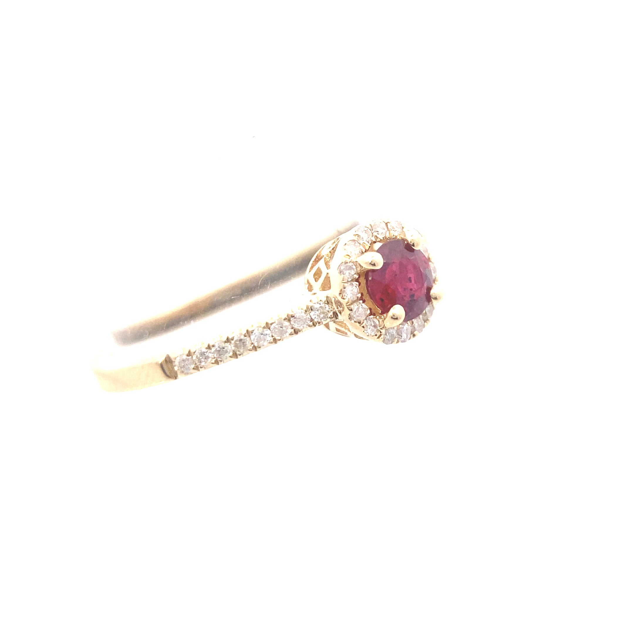 14K Yellow Gold Ruby and 1/6CT. Diamond Round Halo Ring