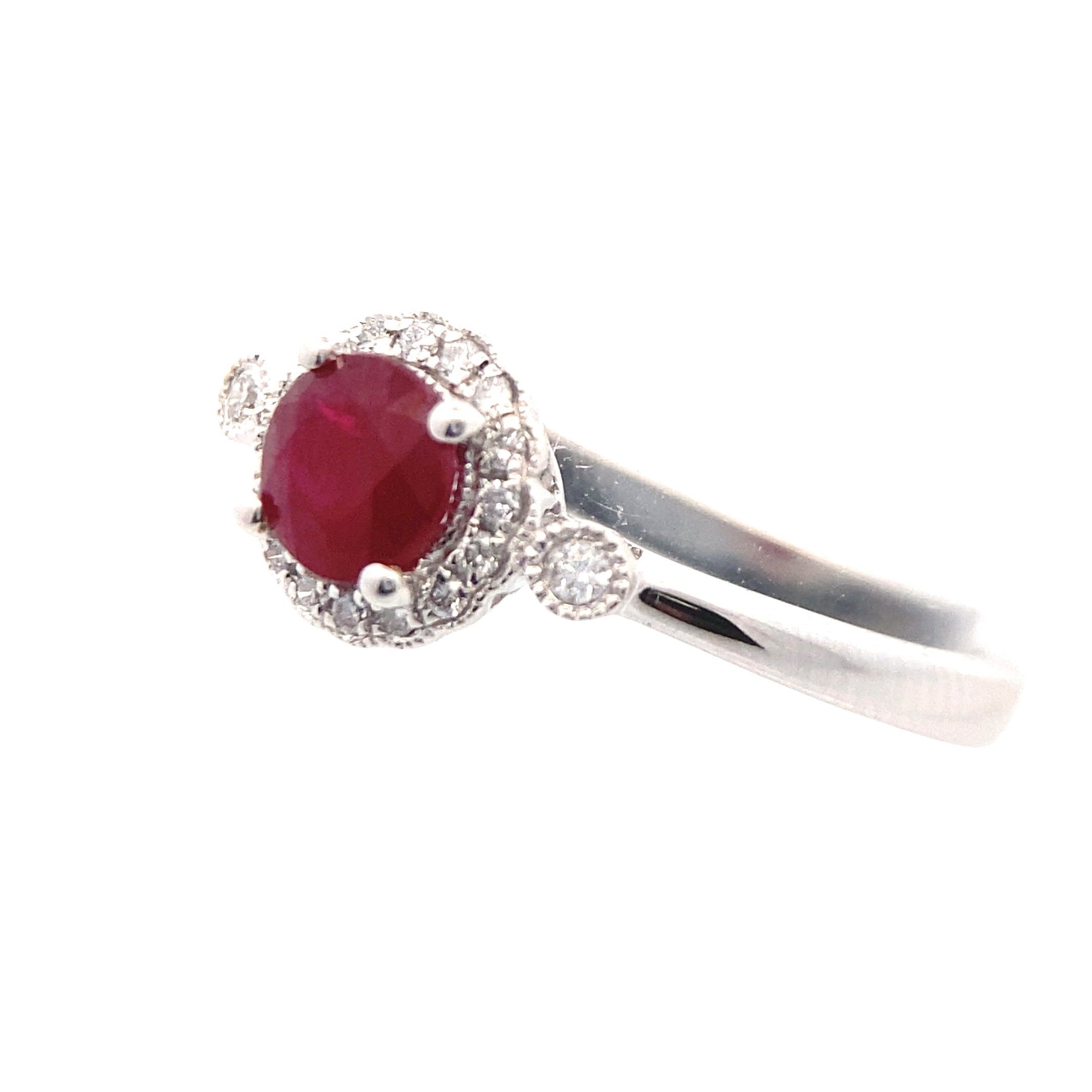 14K White Gold 3/4CT. Round Ruby and 1/10CT. Diamond Ring