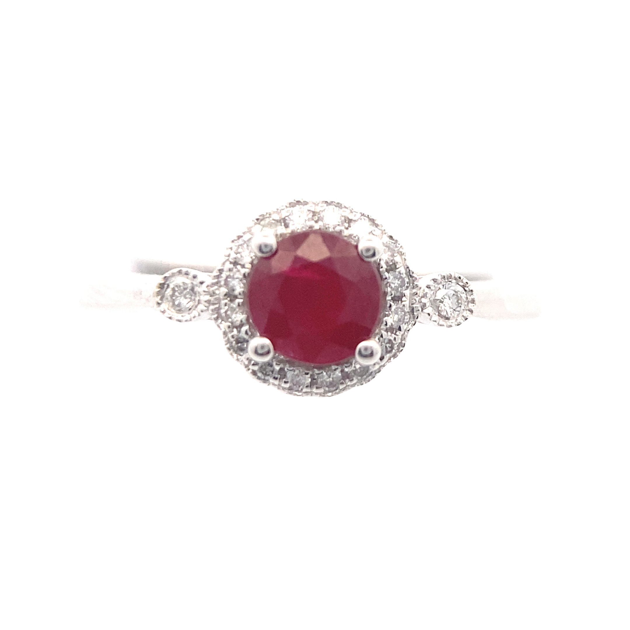 14K White Gold 3/4CT. Round Ruby and 1/10CT. Diamond Ring