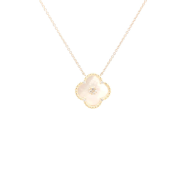 14K Yellow Gold Diamond & Mother of Pearl Clover Pendant