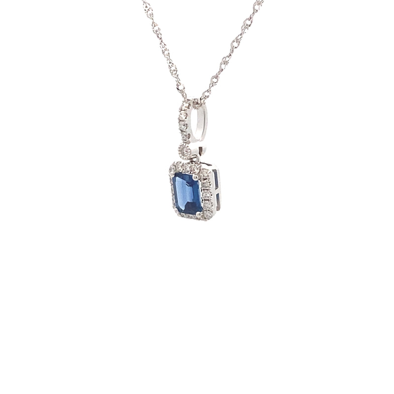 14K White Gold 1/2CT. Emerald-Cut Sapphire & 1/6CT. Diamond Halo Pendant Necklace