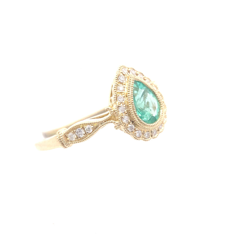 14K Yellow Gold Vintage-Inspired Teardrop Emerald and 1/6CT. Diamond Ring