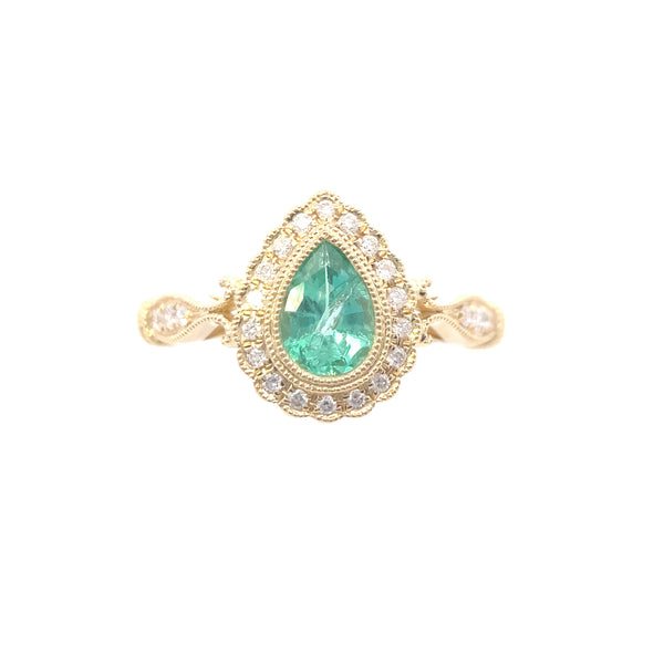 14K Yellow Gold Vintage-Inspired Teardrop Emerald and 1/6CT. Diamond Ring