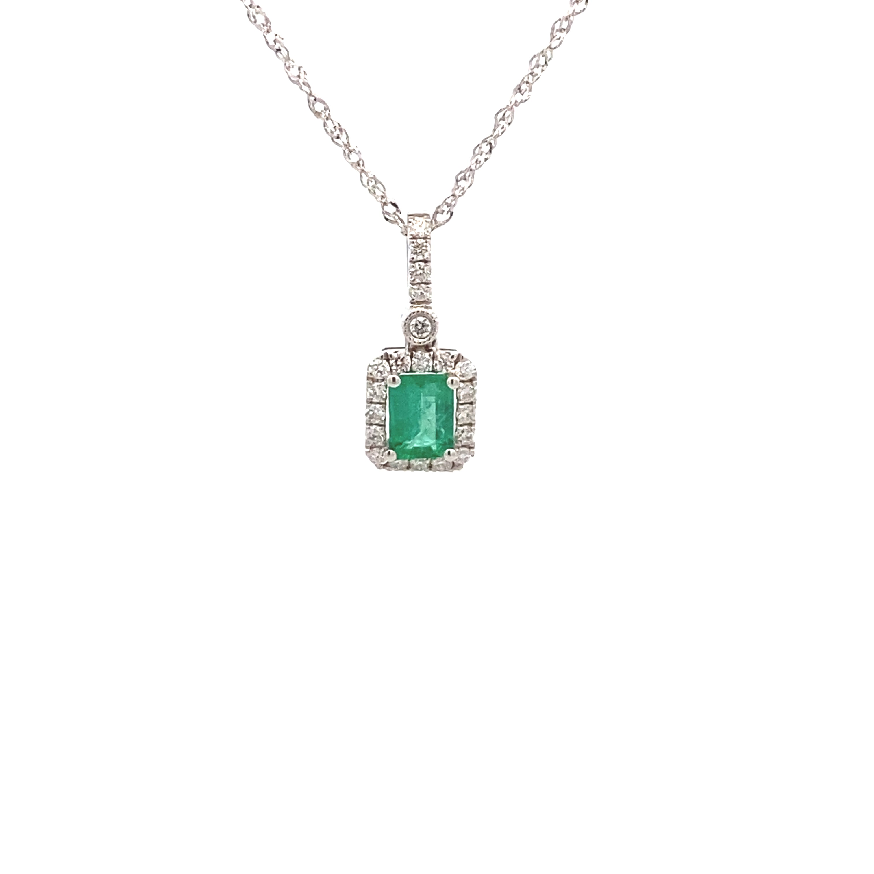 14K White Gold Emerald-Cut Emerald and 1/6CT. Diamond Halo Pendant Necklace