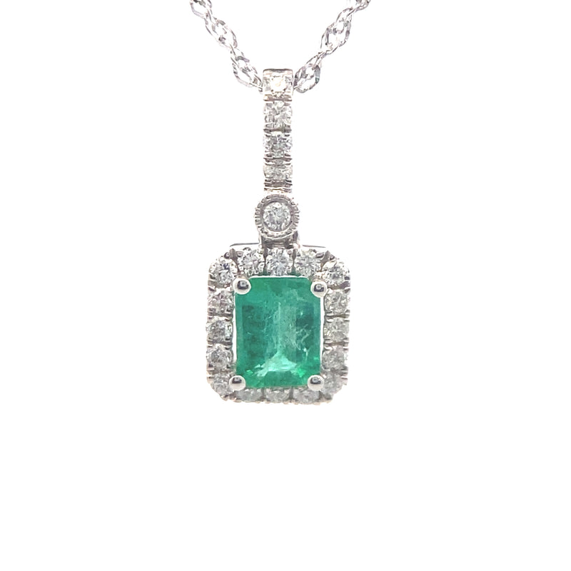 14K White Gold Emerald-Cut Emerald and 1/6CT. Diamond Halo Pendant Necklace