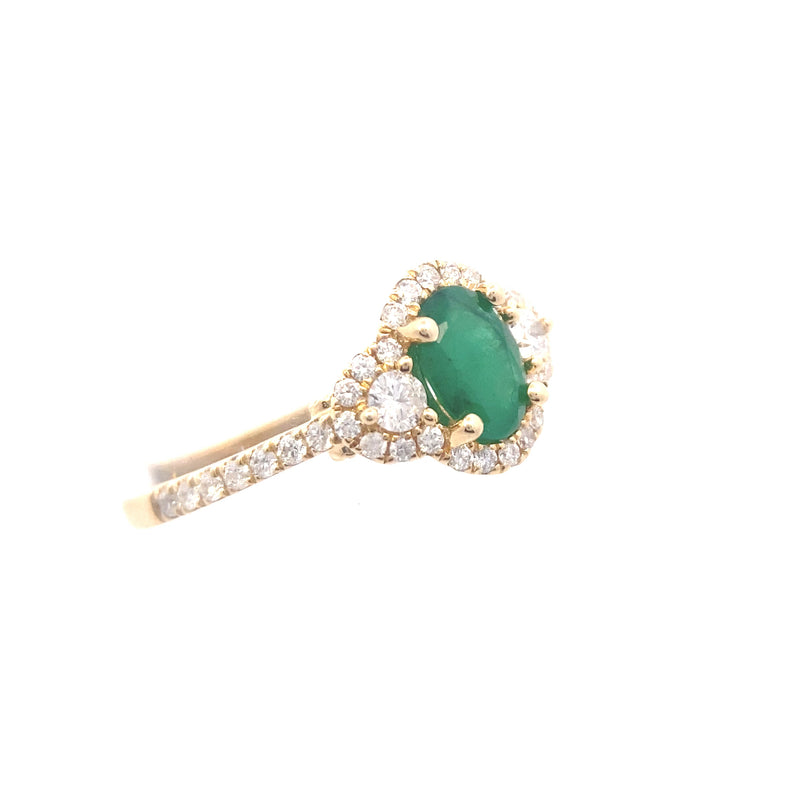 14K Yellow Gold Emerald and 5/8CT. Diamond Oval 3-Stone Halo Ring
