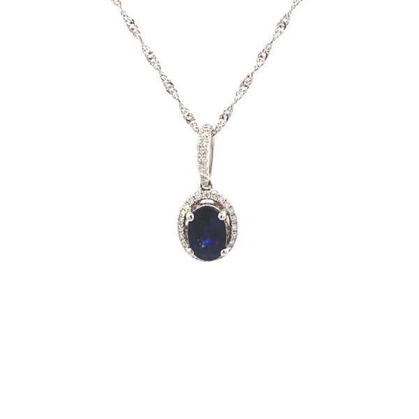 14K White Gold Sapphire and 1/8CT. Diamond Pendant Necklace with Hidden Hearts