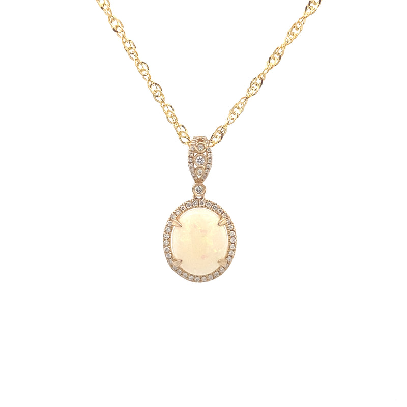 14K Yellow Gold Opal and 1/5CT. Diamond Oval Halo Pendant Necklace
