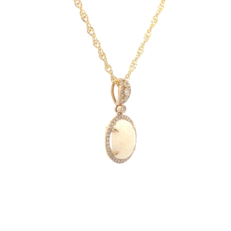 14K Yellow Gold Opal and 1/5CT. Diamond Oval Halo Pendant Necklace
