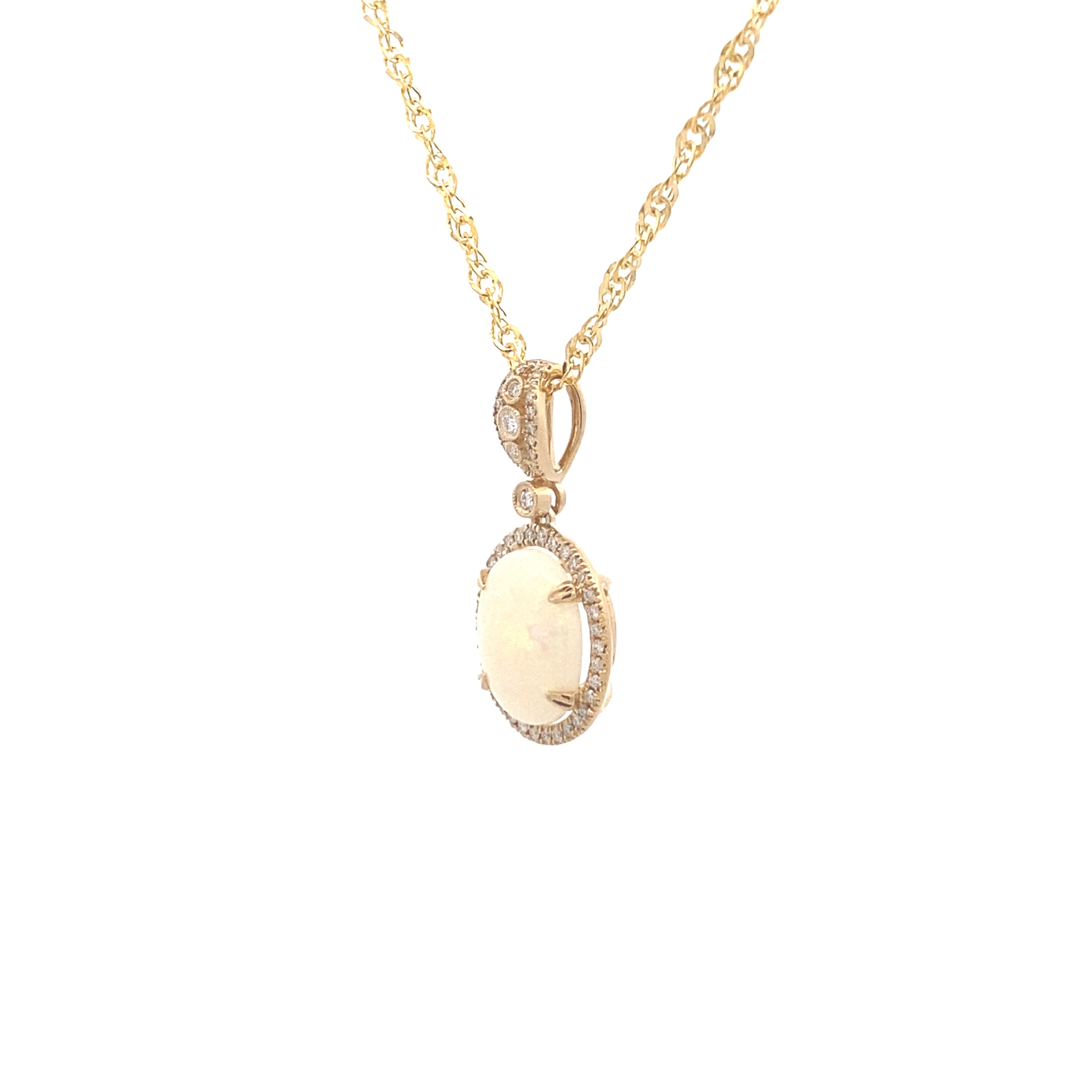 14K Yellow Gold Opal and 1/5CT. Diamond Oval Halo Pendant Necklace