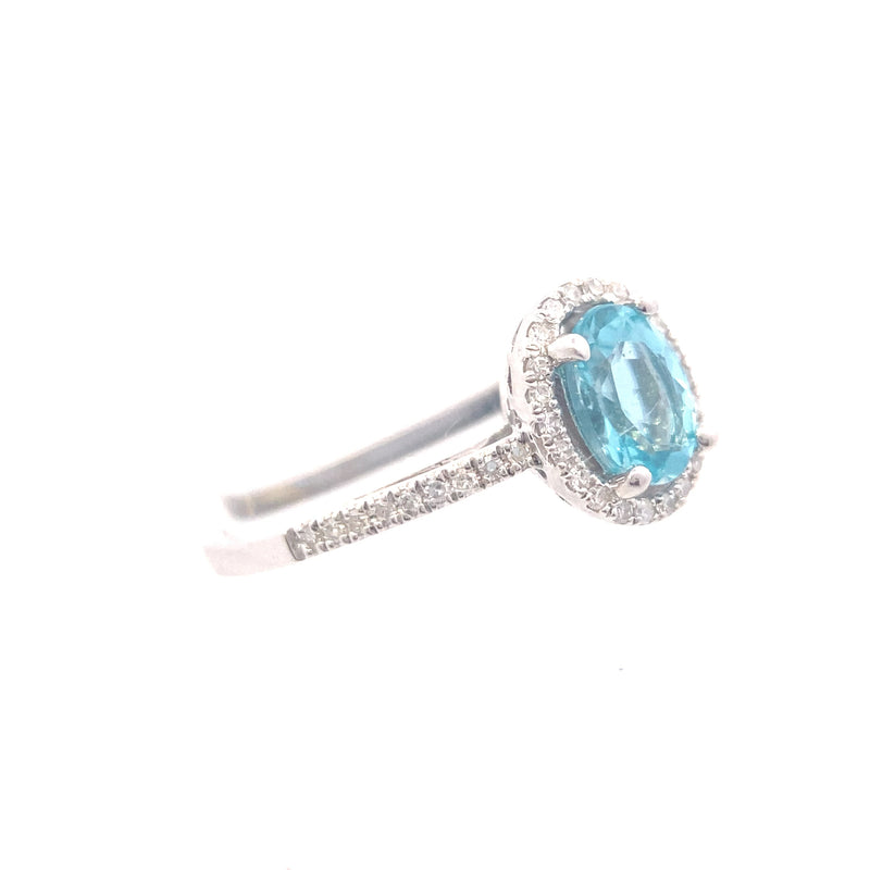 14K White Gold Paraiba Apatite and 1/6CT. Oval Halo Ring