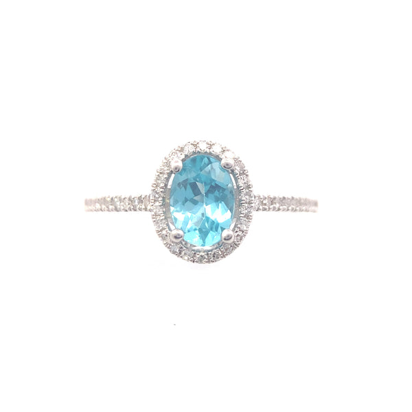 14K White Gold Paraiba Apatite and 1/6CT. Oval Halo Ring