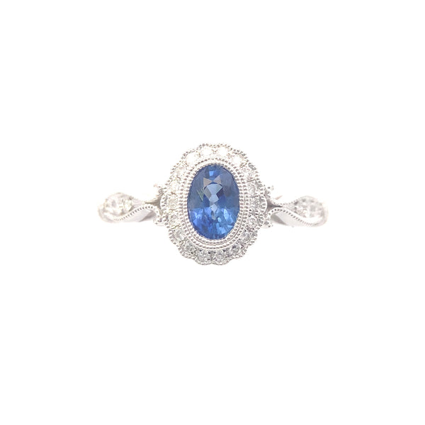 14K White Gold Vintage-Inspired Oval Sapphire and 1/6CT. Diamond Ring