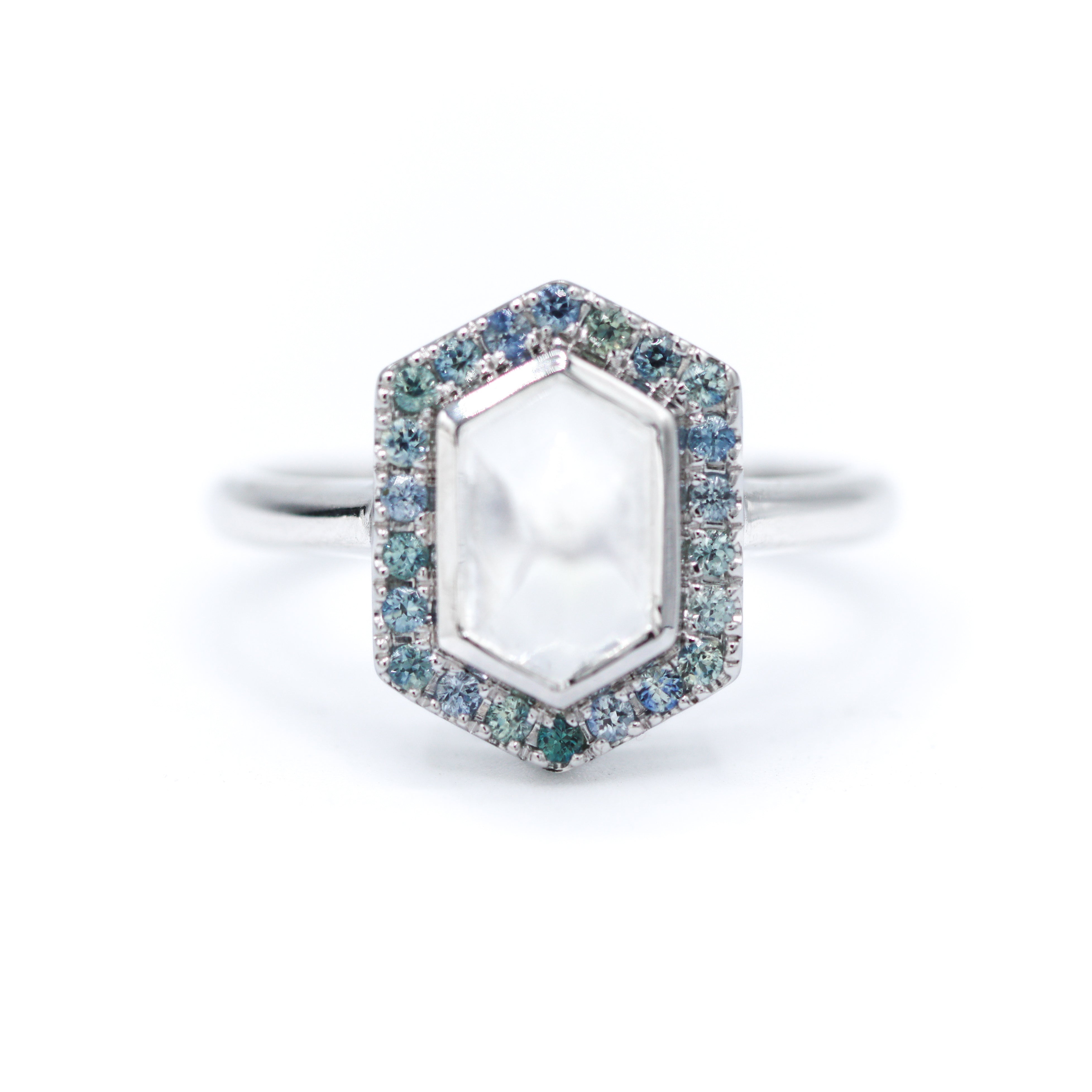 Front View of 14K White Gold Moonstone Hexagon & Teal Sapphire Accented Ring