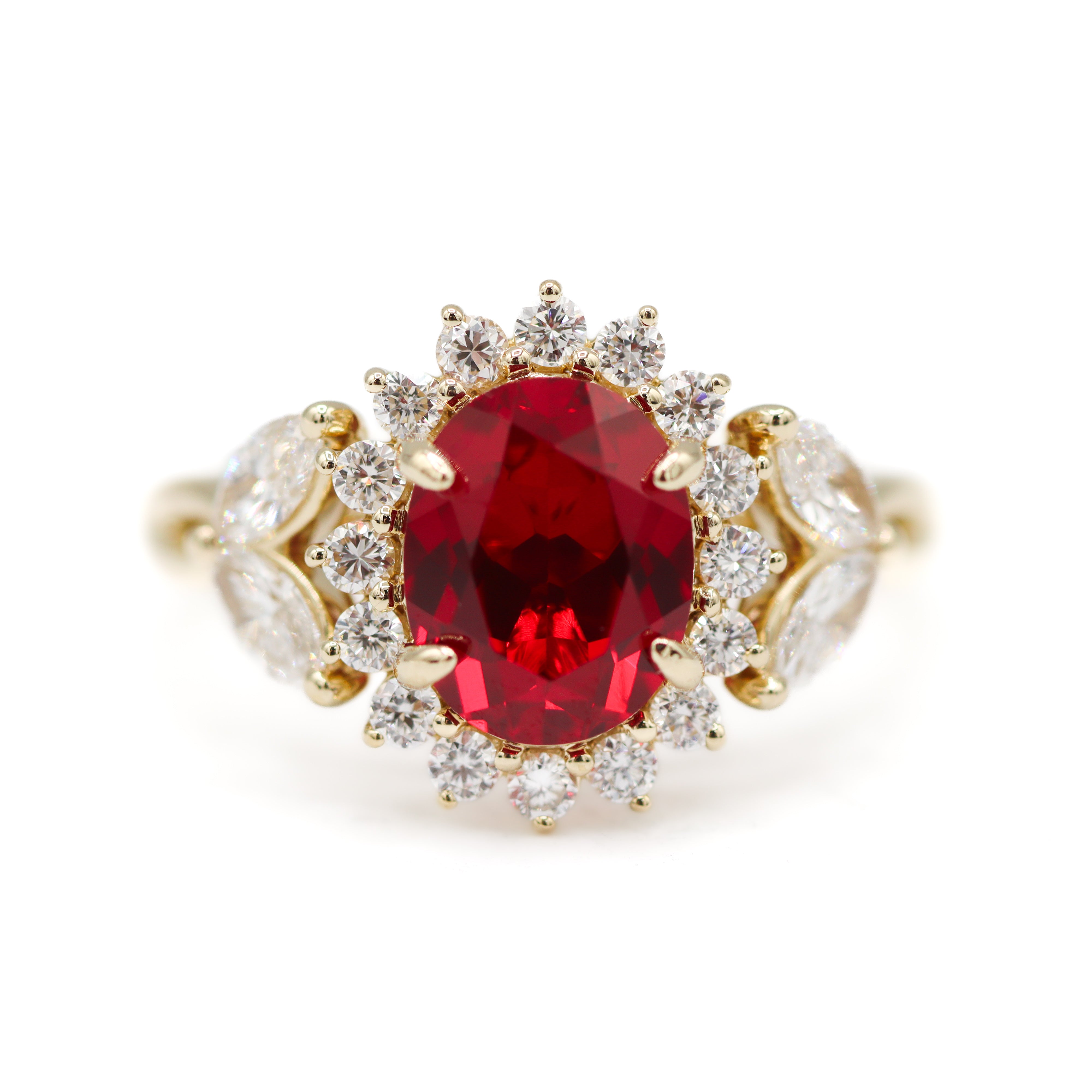 14K Yellow Gold 2CT. Created-Ruby & 0.82CTW. Lab-Grown Diamond Halo Accented Ring