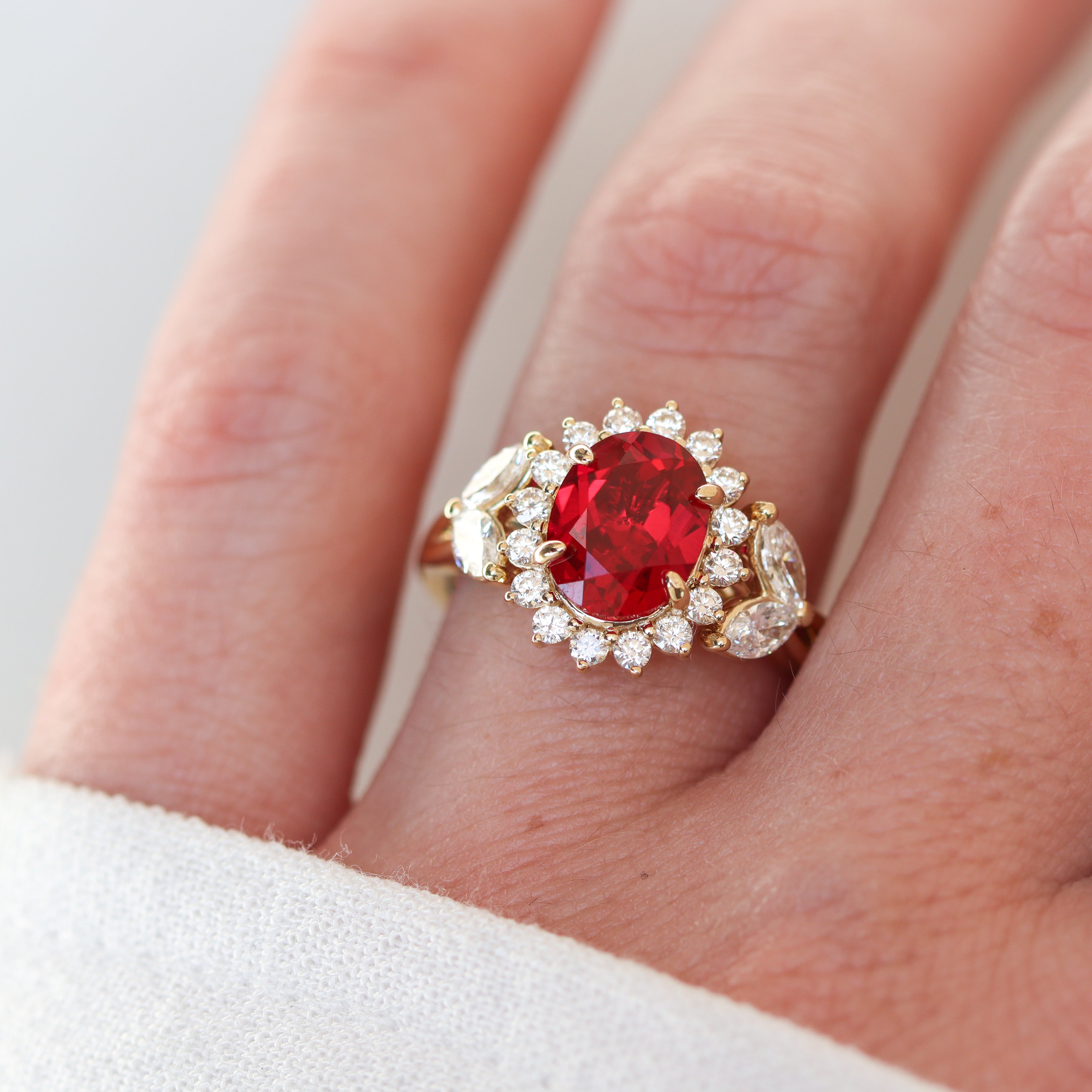 14K Yellow Gold 2CT. Created-Ruby & 0.82CTW. Lab-Grown Diamond Halo Accented Ring