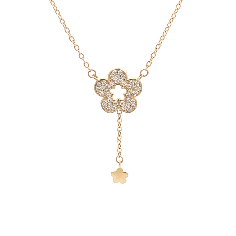 14K Yellow Gold 1/10CT. White Topaz Y Flower Necklace