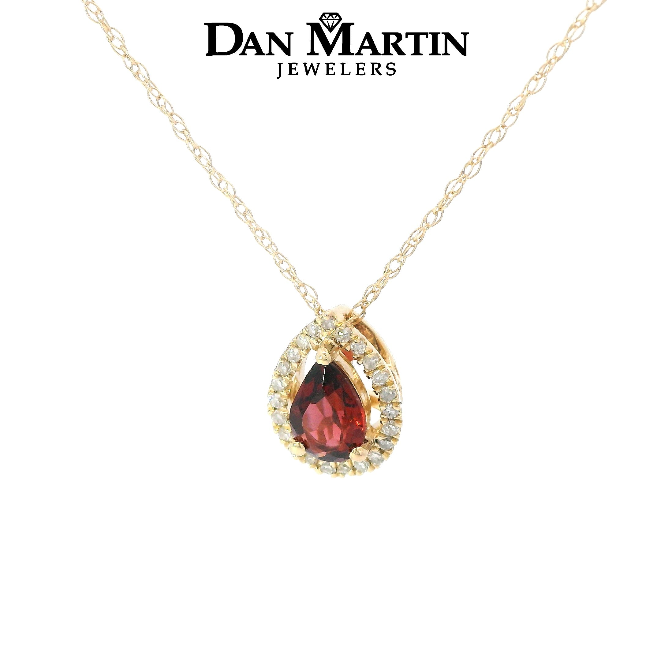 14K Yellow Gold Pear-Cut Garnet 1/20 CT. Diamond Halo Pendant Necklace