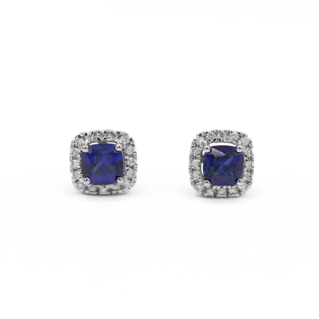Front View of 10K White Gold Created Sapphire & Lab-Grown Diamond Halo Earrings on a white background