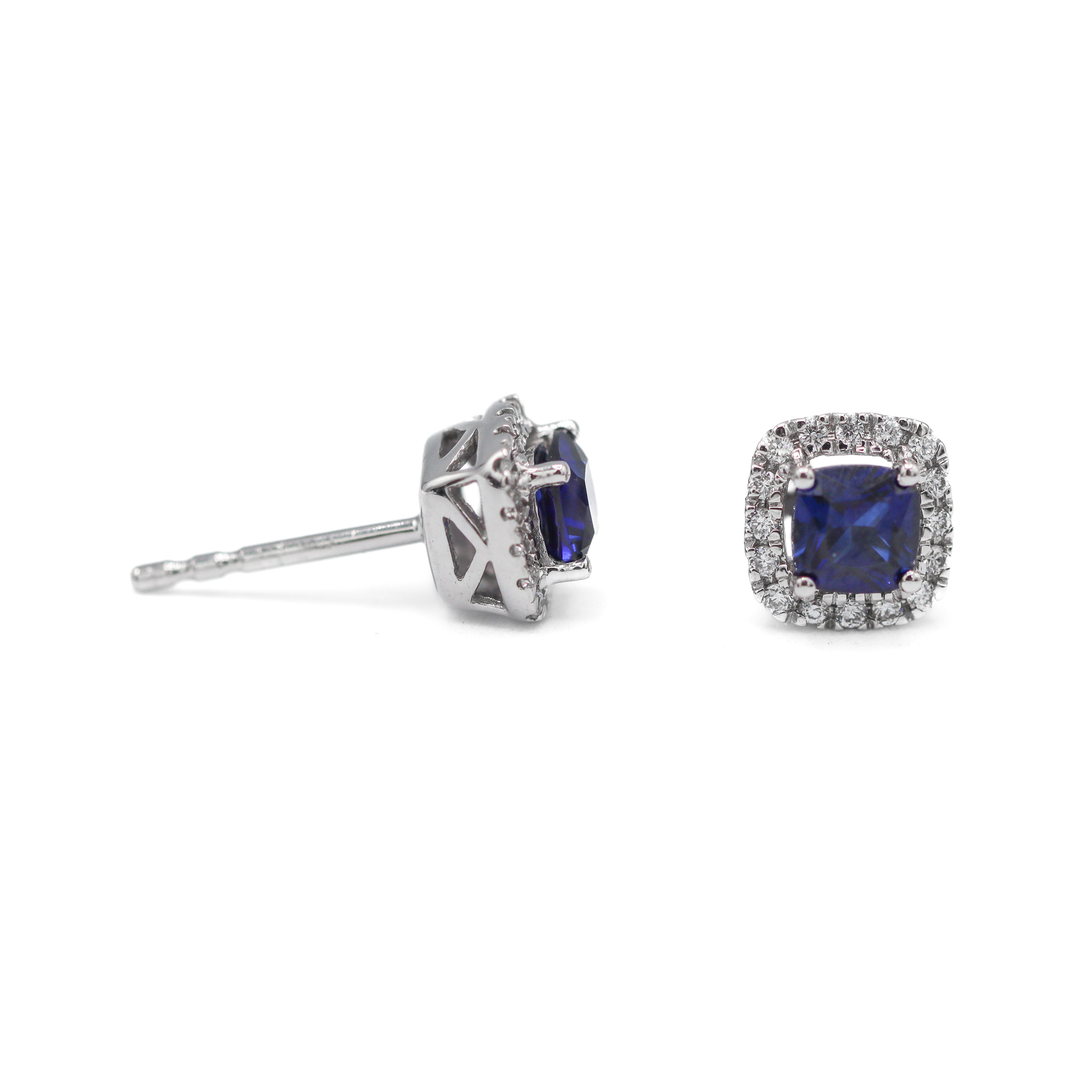Left side view and right front-facing view of 10K White Gold Created Sapphire & Lab-Grown Diamond Halo Earrings on a white background.