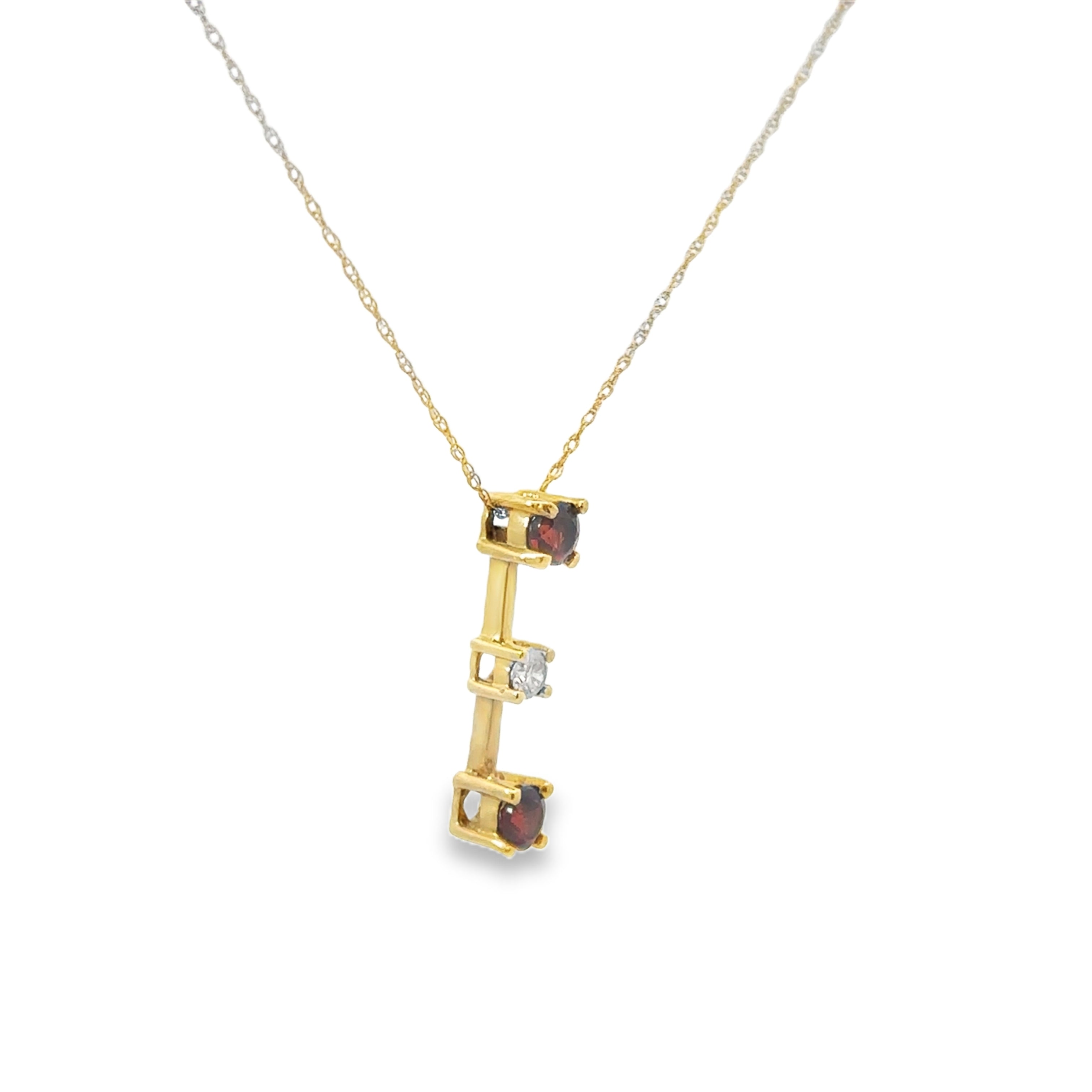 Side View 14K Yellow Gold 3-Stone Garnet and Diamond Center Drop Pendant Necklace 18"