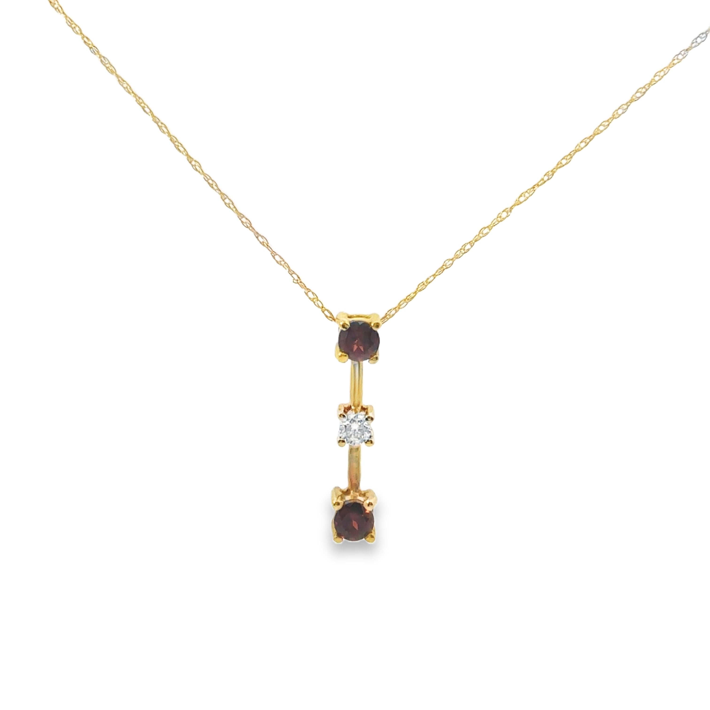 Front View 14K Yellow Gold 3-Stone Garnet and Diamond Center Drop Pendant Necklace 18"