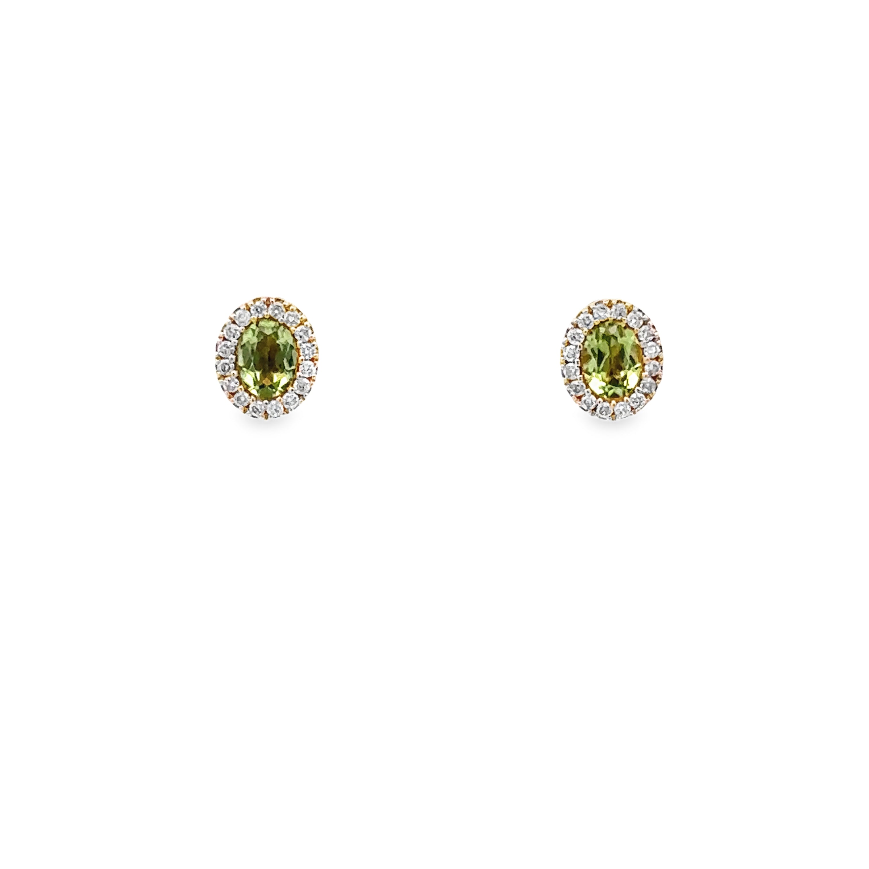 10K Yellow Gold 1/3CT. Oval-Cut Peridot & 1/10CT. Diamond Halo Stud Earrings