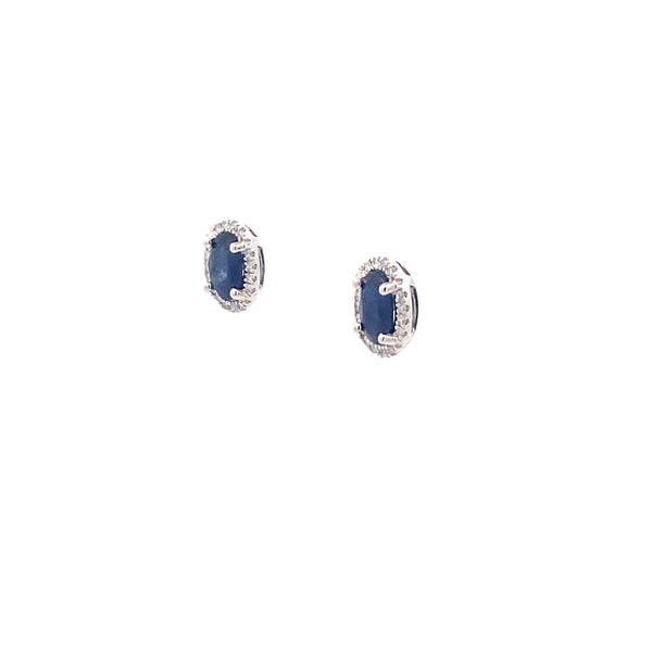 14K White Gold 1-1/20CT. Oval-Cut Sapphire & 1/10CT. Diamond Halo Stud Earrings