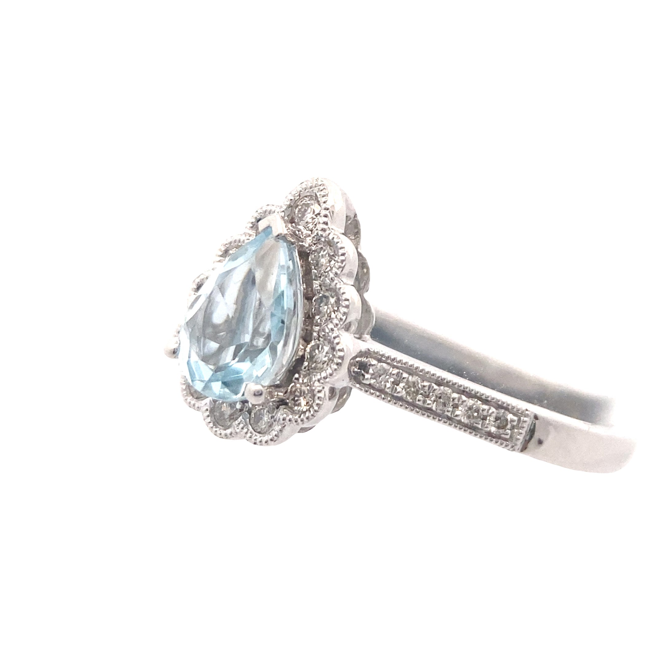 14K White Gold 5/8CT. Pear-Cut Aquamarine & 1/6CT. Diamond Halo Vintage-Inspired Engagement Ring