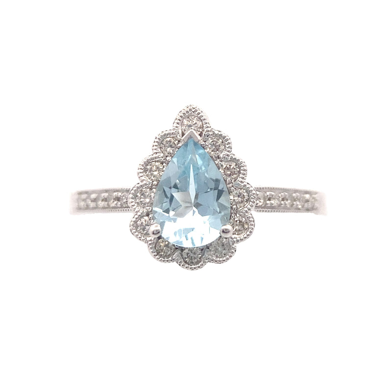 14K White Gold 5/8CT. Pear-Cut Aquamarine & 1/6CT. Diamond Halo Vintage-Inspired Engagement Ring
