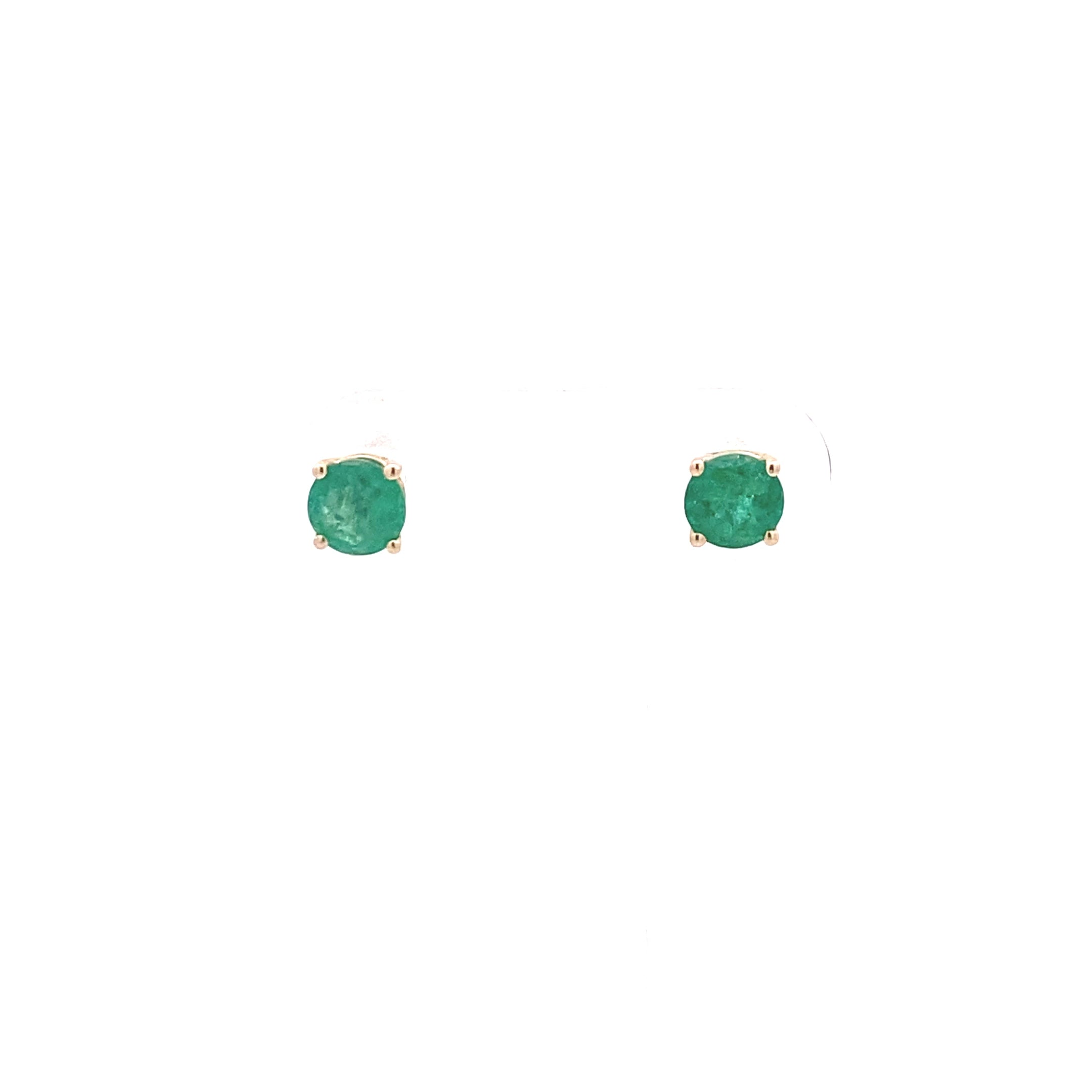 14K Yellow Gold Round Emerald Simple Stud Earrings