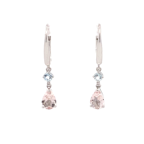 10K White Gold 1/50CT. Diamond & Aquamarine Accented Earrings with Pear-Cut Morganite