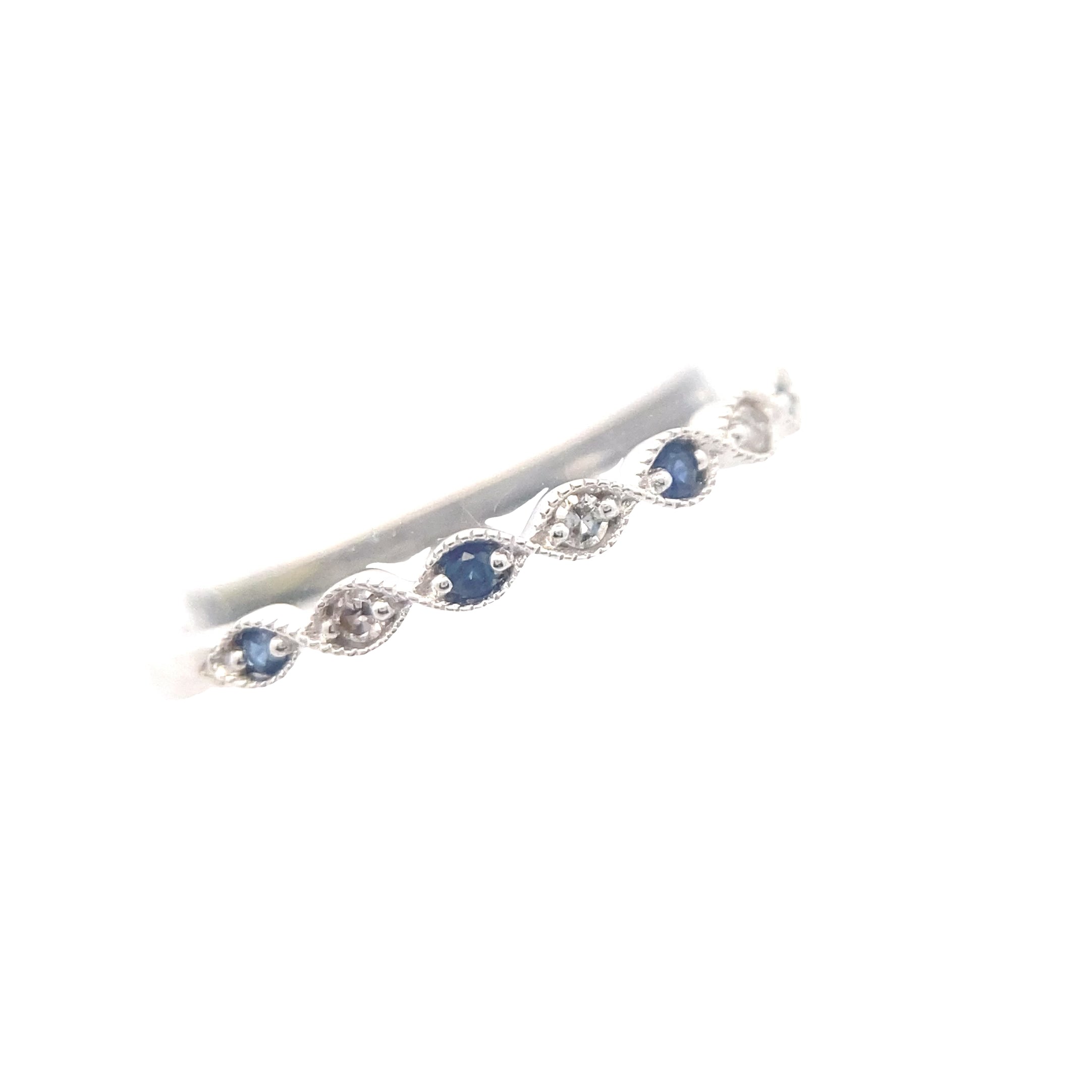 14K White Gold 1/10CT. Blue Sapphire & 1/20CT. Diamond Milgrain Wedding Band