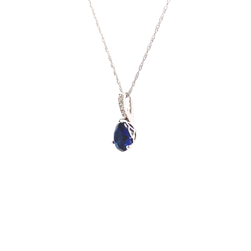 10K White Gold 1/50CT. Diamond & Created Sapphire Pendant with Chain