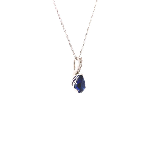 10K White Gold 1/50CT. Diamond & Created Sapphire Pendant with Chain
