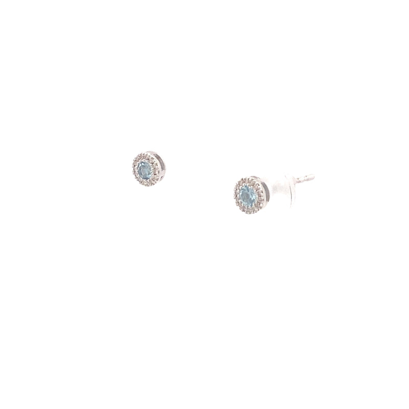 10K White Gold 1/6CT. Swiss Blue Topaz & 1/20CT. Diamond Halo Stud Earrings