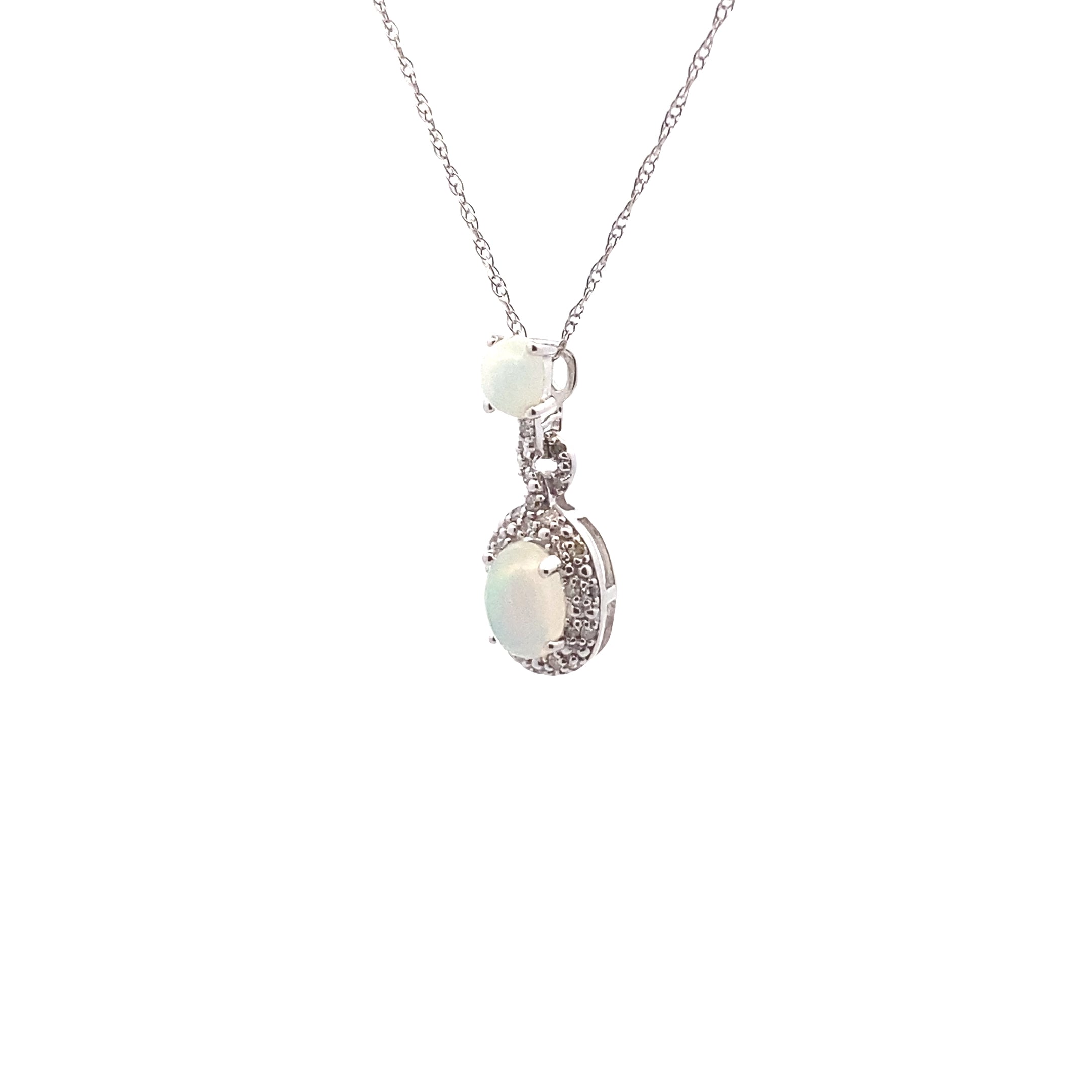 14K White Gold Opal & 1/10 CT. Diamond Halo Pendant Necklace