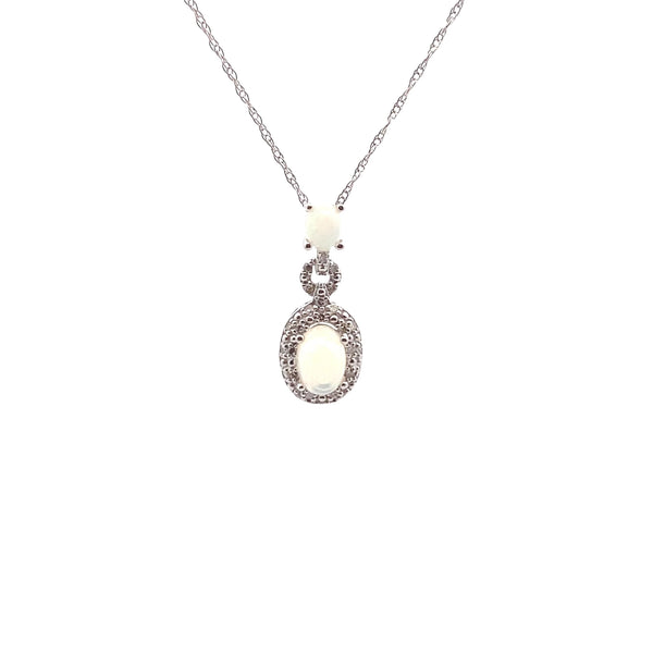 14K White Gold Opal & 1/10 CT. Diamond Halo Pendant Necklace