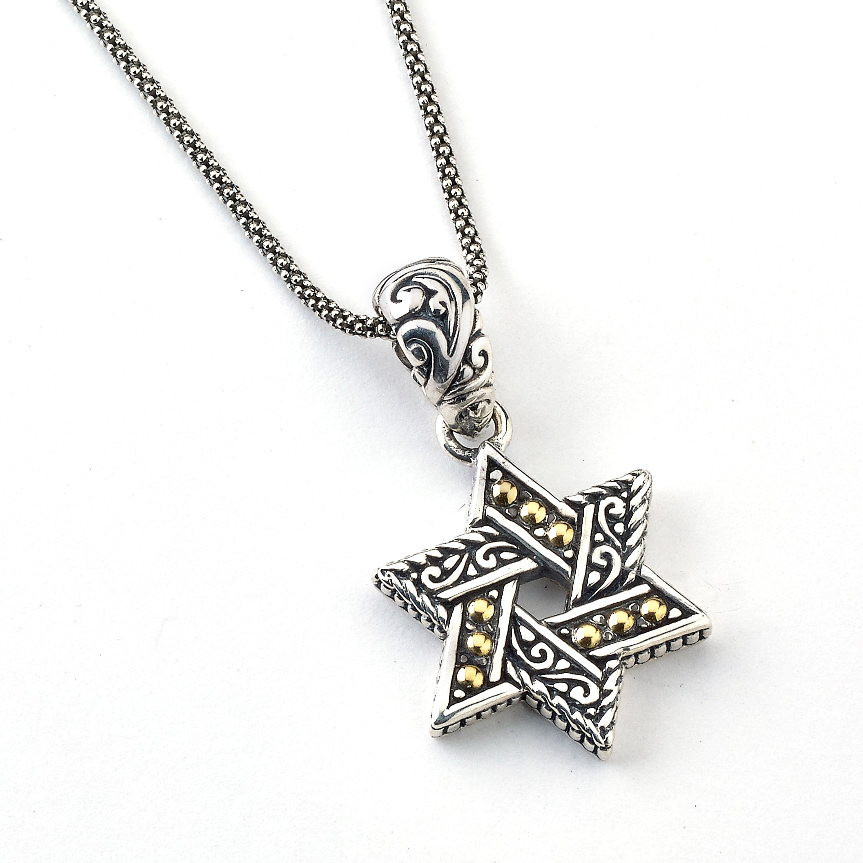 Samuel B. Sterling Silver & 18K Yellow Gold Detailed Star of David Pendant Necklace with 18" Sterling Silver Popcorn Chain