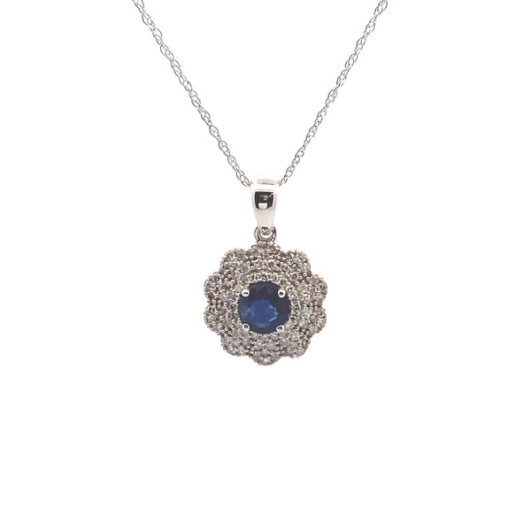 14K White Gold Sapphire & 1/4 CT. Diamond Pendant Necklace