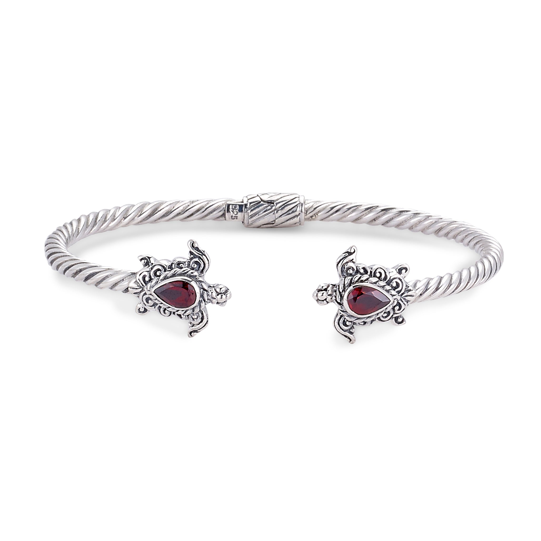 Samuel B. Sterling Silver 3MM Cable Bangle with Garnet Turtle Ends