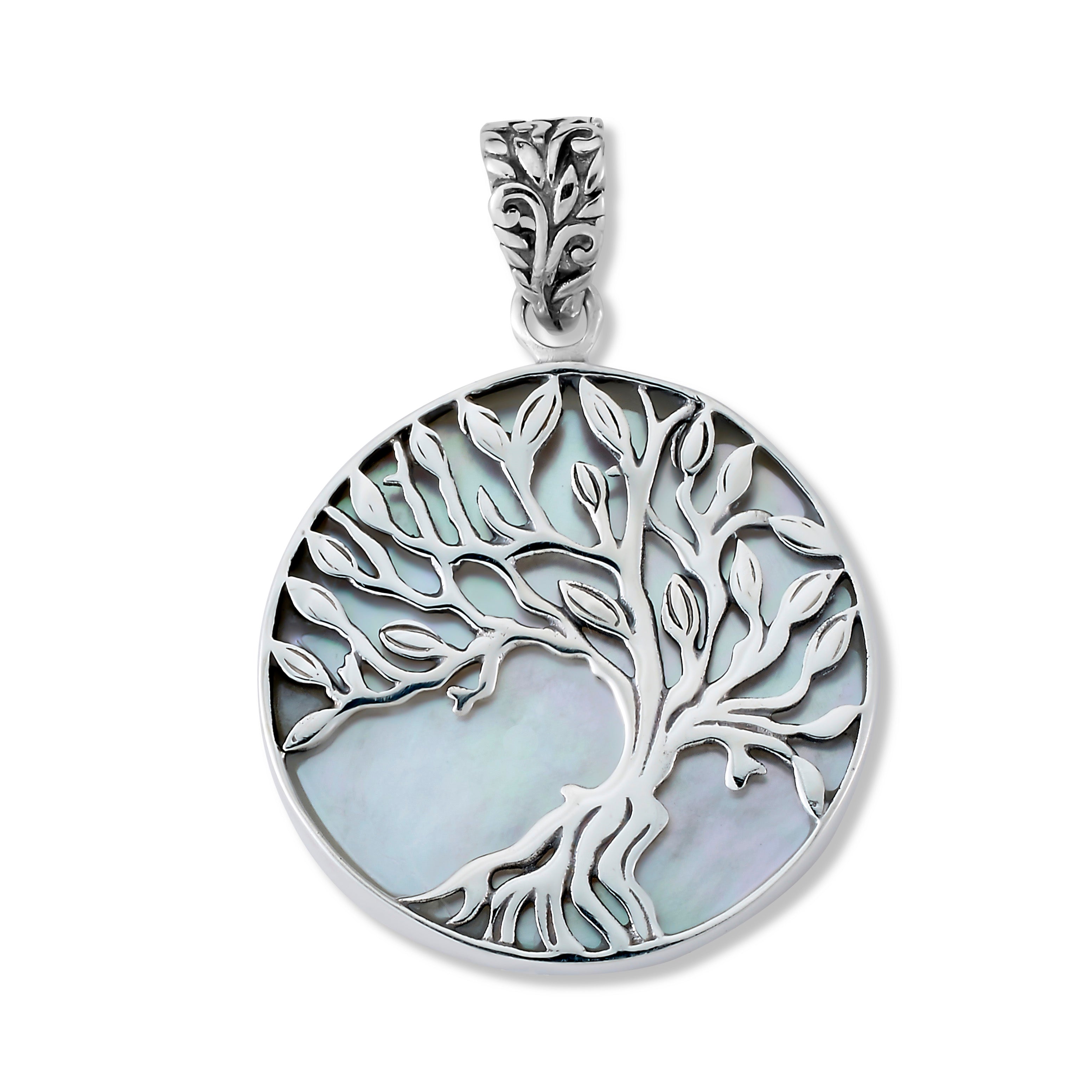 Samuel B. Sterling Silver White Mother of Pearl Round Tree of Life Pendant with 18" Box Chain